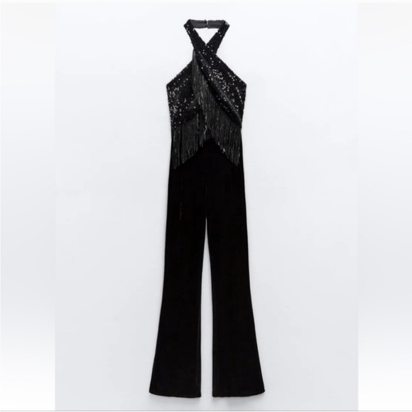 ✨ NWT Zara Fringed Sequin Velvet Jumpsuit ✨ - Picture 3 of 9